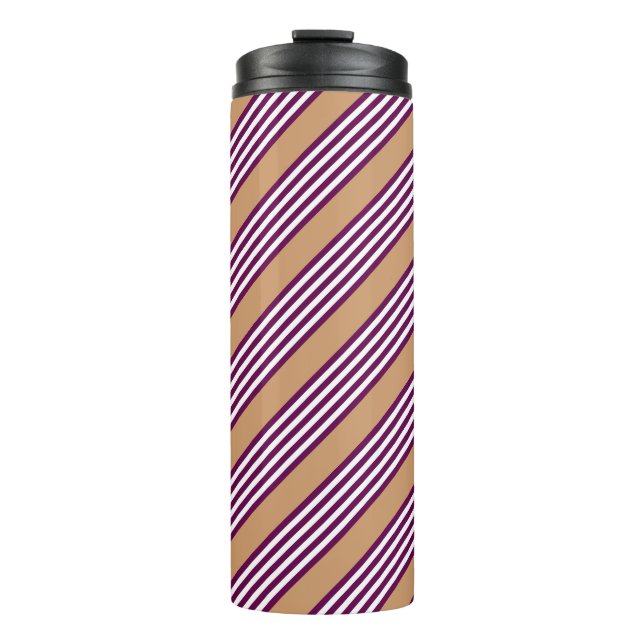 Plum and white five stripes pattern with tan thermal tumbler (Front)