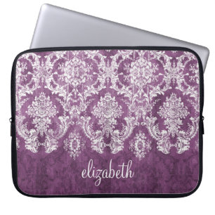 Plum and White Grunge Damask Pattern with Name Laptop Sleeve