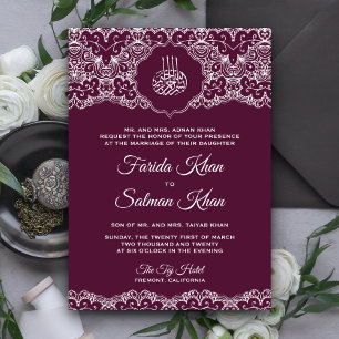 Plum and White Lace Islamic Muslim Wedding Invitation