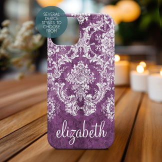 Plum and White Moody Damask Pattern with Name Case-Mate iPhone 14 Pro Case