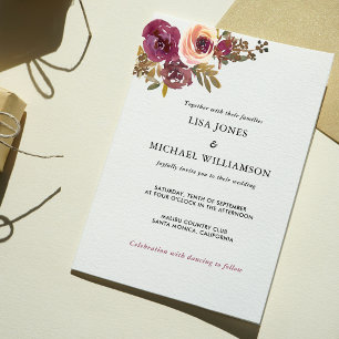 Plum and Yellow Rose Watercolor Wedding Invitation