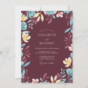 Plum Aqua Foliage Sage Wedding Invitation