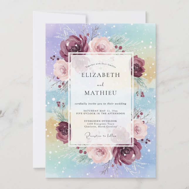 Plum Aqua Peony Wedding Invitation (Front)