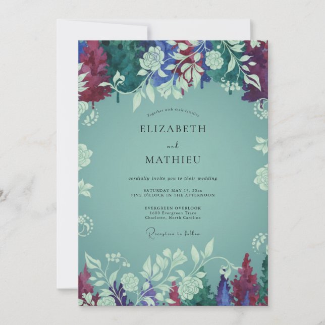 Plum Aqua Wildflower Wedding Invitation (Front)