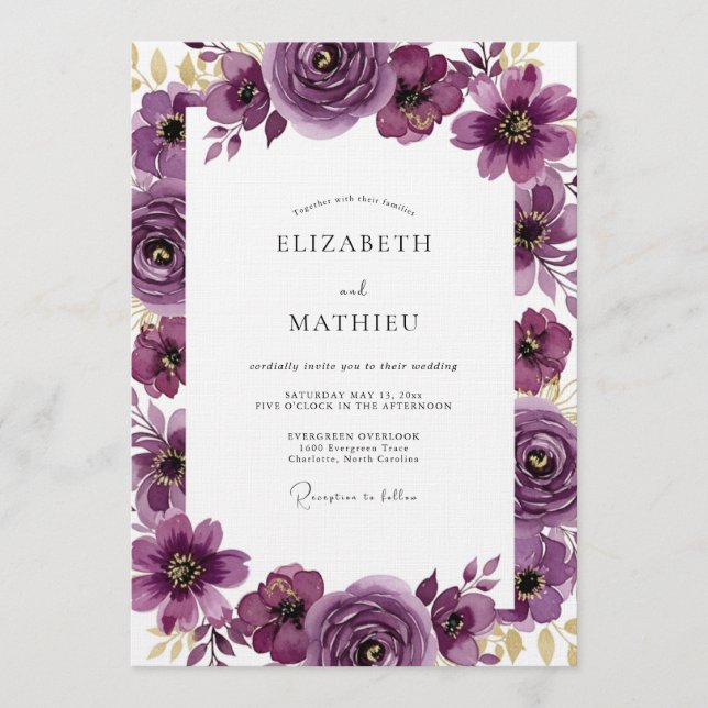 Plum Artistic Bloom Wedding Invitation (Front)