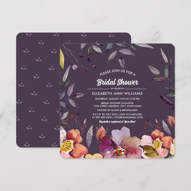Plum Autumn Floral Bridal Shower  Invitation (Front/Back)