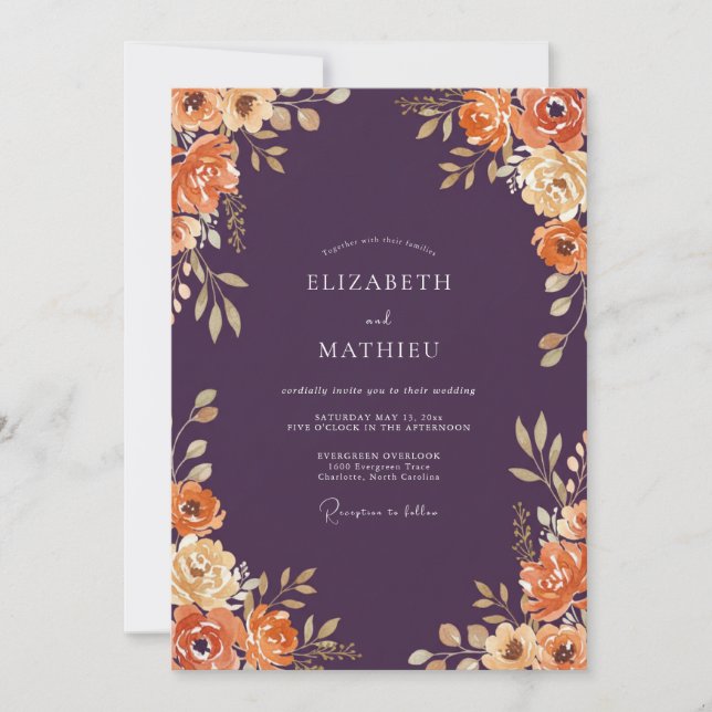 Plum Autumnal Flourish Wedding Invitation (Front)