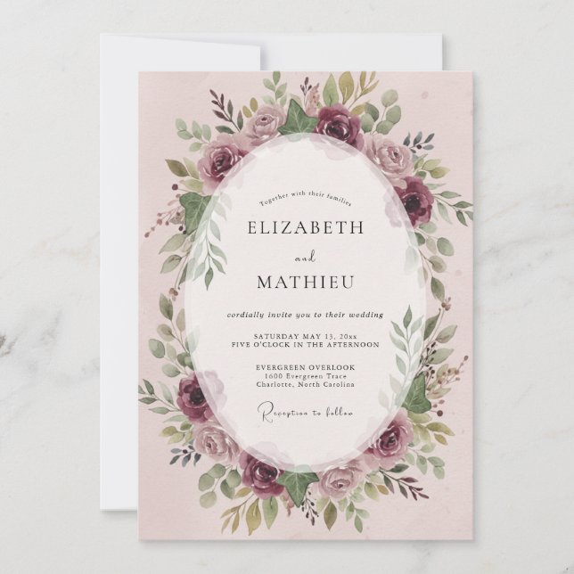Plum Berry Wreath Wedding Invitation (Front)