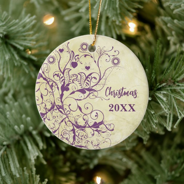 Plum Bird Swirls Christmas Couples Photo Ornament (Tree)