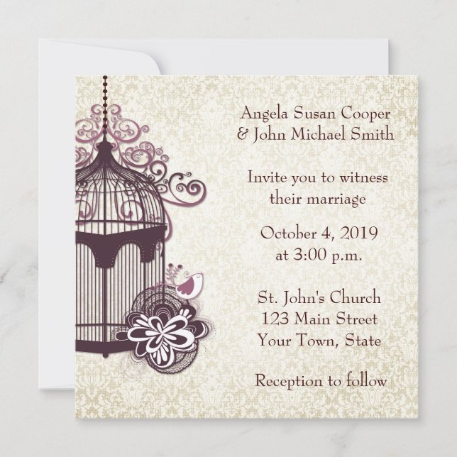 Plum Birdcage, Damask Invitation (Front)