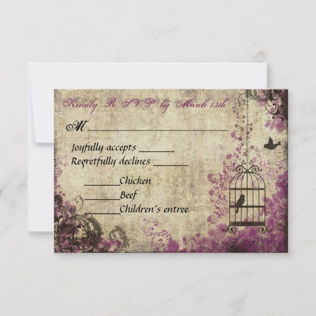 Plum Birdcage Vintage Wedding RSVP Card (Front)