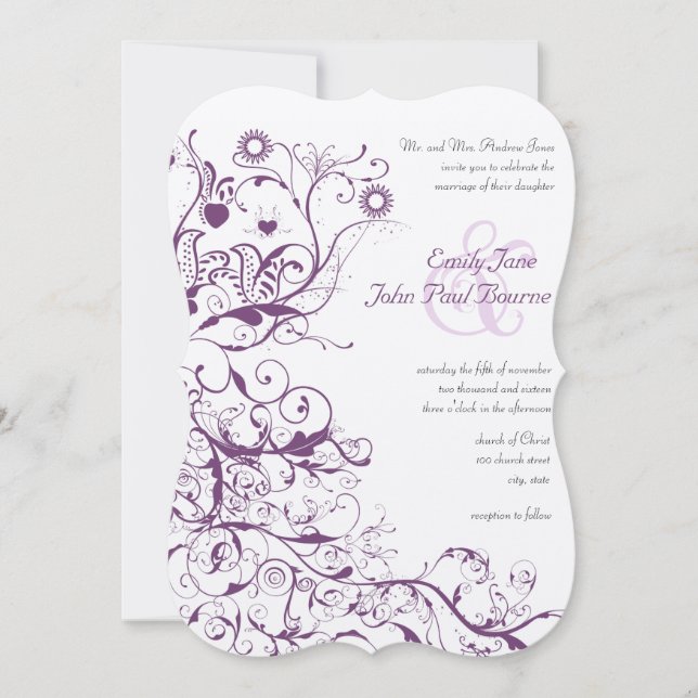 Plum Birds & Swirls Wedding Invitations (Front)