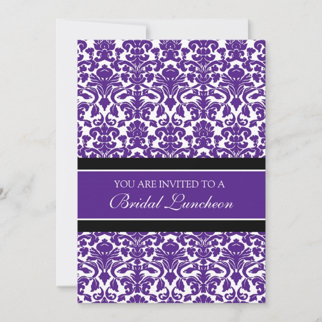 Plum Black Damask Bridal Lunch Invitation Cards (Front)