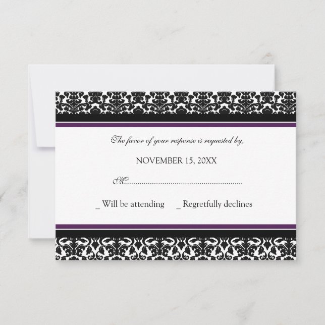 Plum Black Damask RSVP Wedding Card (Front)