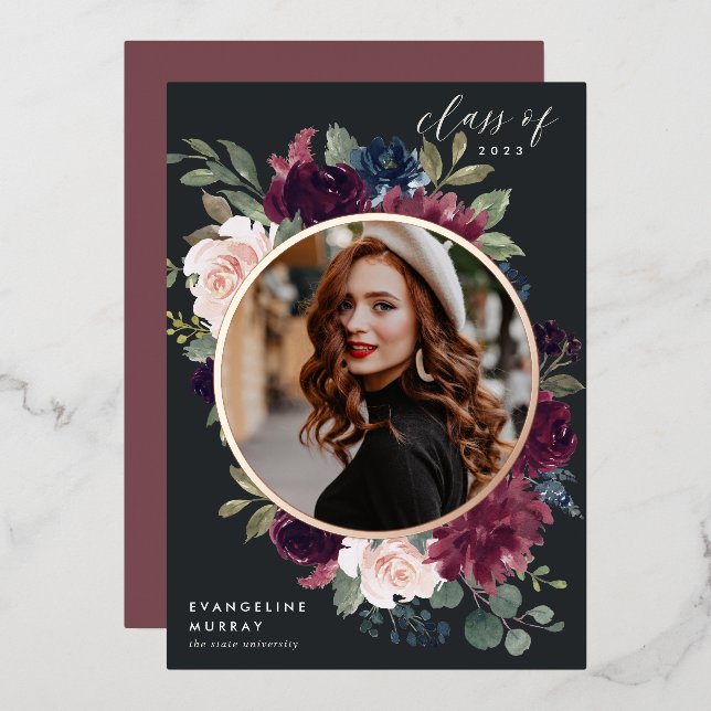 Plum Blossom Foil Photo Graduation Announcement (Front/Back)