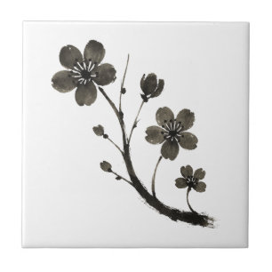 Plum Blossom Line Art – Botanical Design on Ceramic Tile