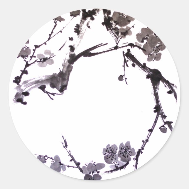 Plum blossom sumie classic round sticker (Front)