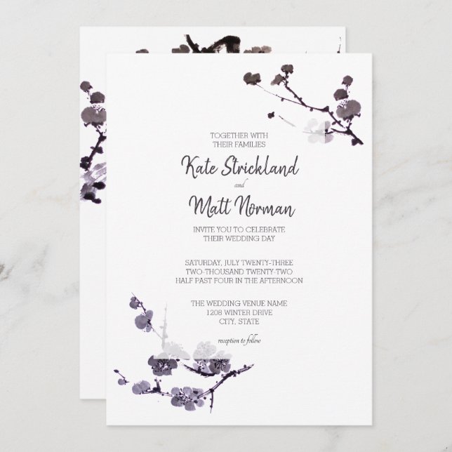 Plum blossom sumie Wedding Invitation (Front/Back)