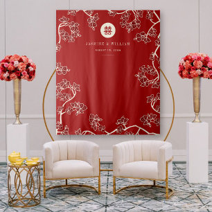 Plum Blossoms Double Xi Chinese Wedding Backdrop Tapestry