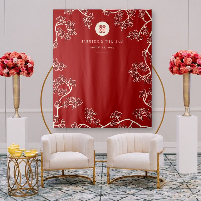 Plum Blossoms Double Xi Chinese Wedding Backdrop Tapestry (Creator Uploaded)