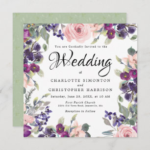 Plum Blush Floral Square Wedding Invitations