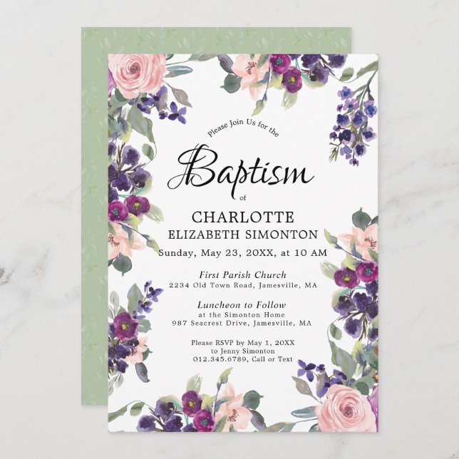 Plum Blush Purple Floral Baptism Invitation (Front/Back)