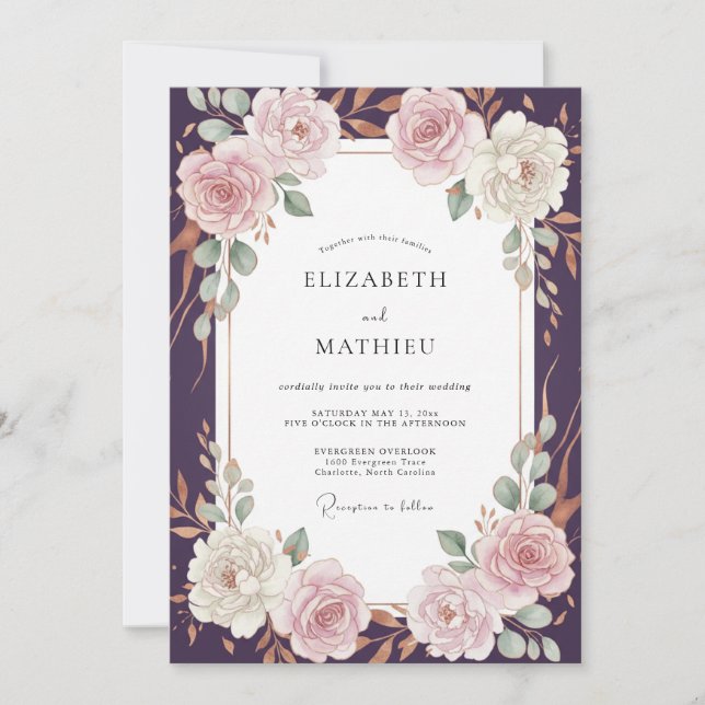 Plum Blush Ranunculus Eucalyptus Wedding Invitation (Front)
