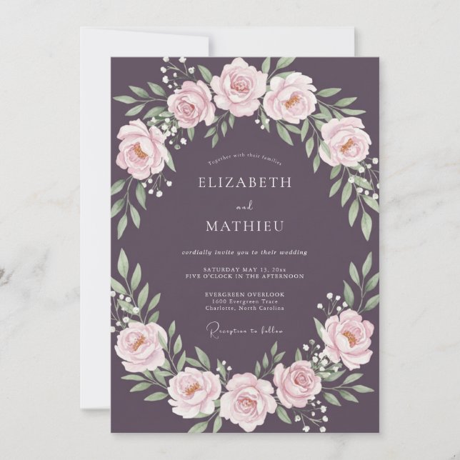 Plum Blush Rose Romantic Wedding Invitation (Front)