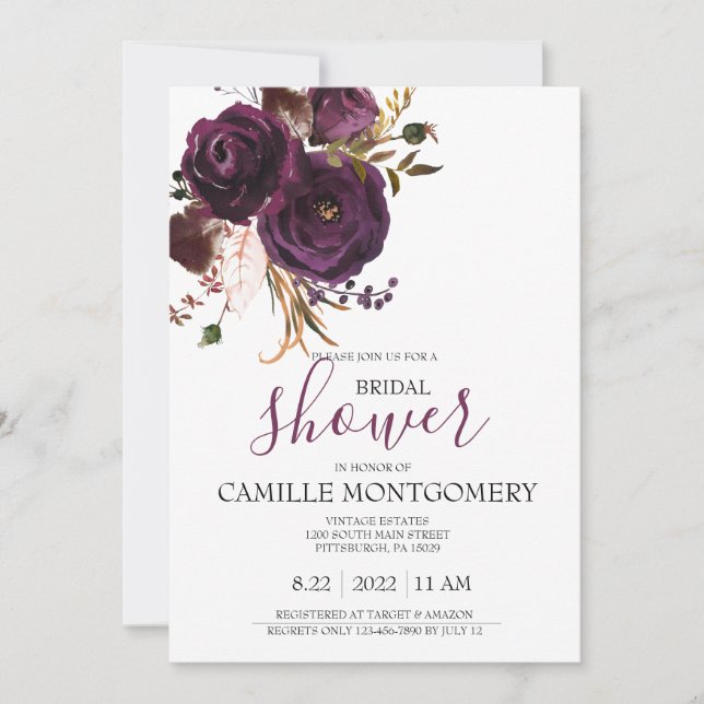 Plum Bohemian Rose Bridal Shower Invitation (Front)