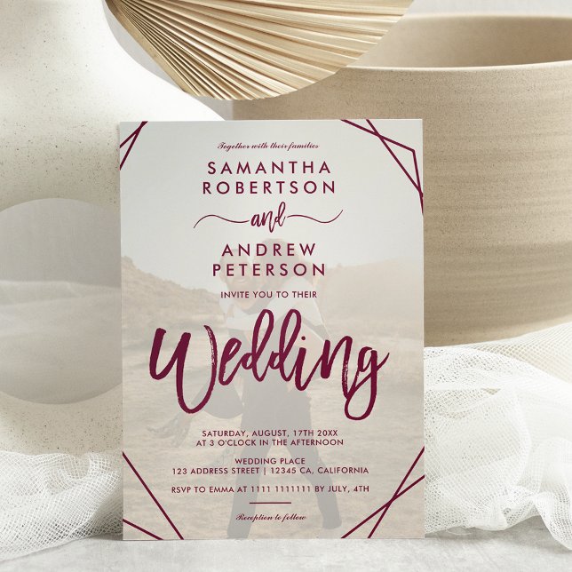 Plum boho frame simple photo script wedding invitation (Creator Uploaded)