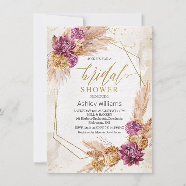 Plum Boho Pampas Grass Geometric Bridal Shower Invitation (Front)
