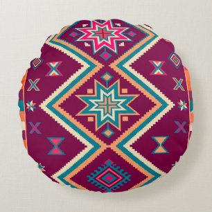 Plum Boho Southwestern Geometric Folk Art Pattern Round Cushion