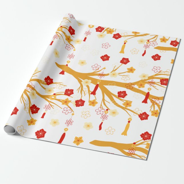 Plum Bossom Chinese New Year Pattern Wrapping Paper (Unrolled)