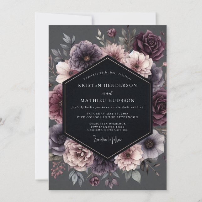 Plum Botanical Moody Romance Wedding Invitation (Front)