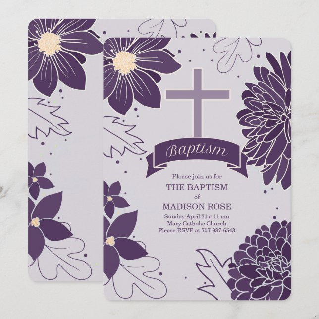 Plum Botanicals for Girls with Cross Baptism Invitation (Front/Back)