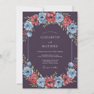 Plum Burgundy Blue Floral Wedding Invitation