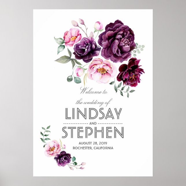Plum Burgundy Blush Floral Watercolor Wedding Sign (Front)