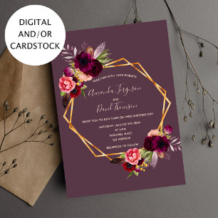 Plum burgundy florals gold geometric wedding invitation