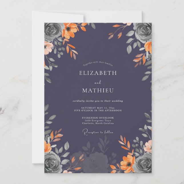 Plum Burnt Orange Bloom Wedding Invitation (Front)