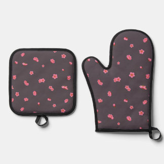 Plum Charcoal Red Plum Blossom Floral Pattern Oven Mitt & Pot Holder Set