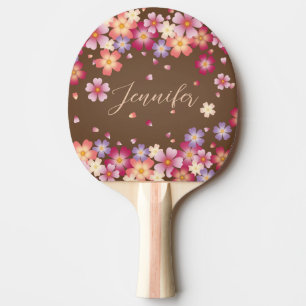 Plum & Cherry Blossoms on Autumn Brown Ping Pong Paddle