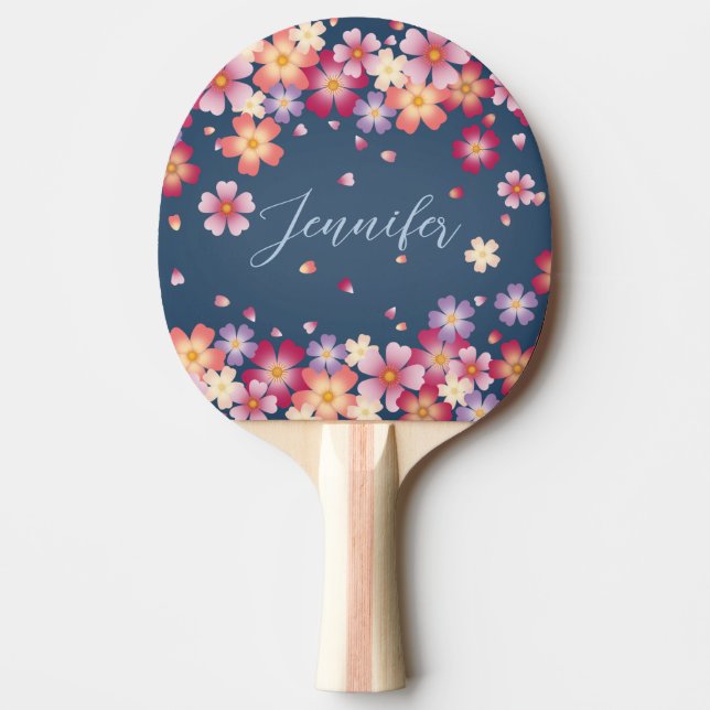 Plum & Cherry Blossoms on Dusky Blue Custom Ping Pong Paddle (Front)