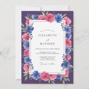 Plum Cobalt Blossom Wedding Invitation