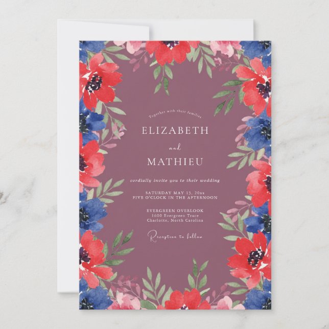 Plum Cobalt Poppy Wedding Invitation (Front)