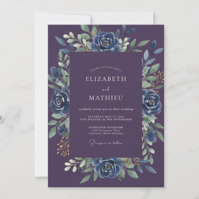 Plum Cobalt Rose Wedding Invitation (Front)