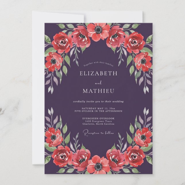 Plum Coral Anemone Wedding Invitation (Front)