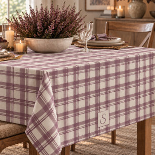 Plum Cream Beige Tartan Plaid Monogram Tablecloth