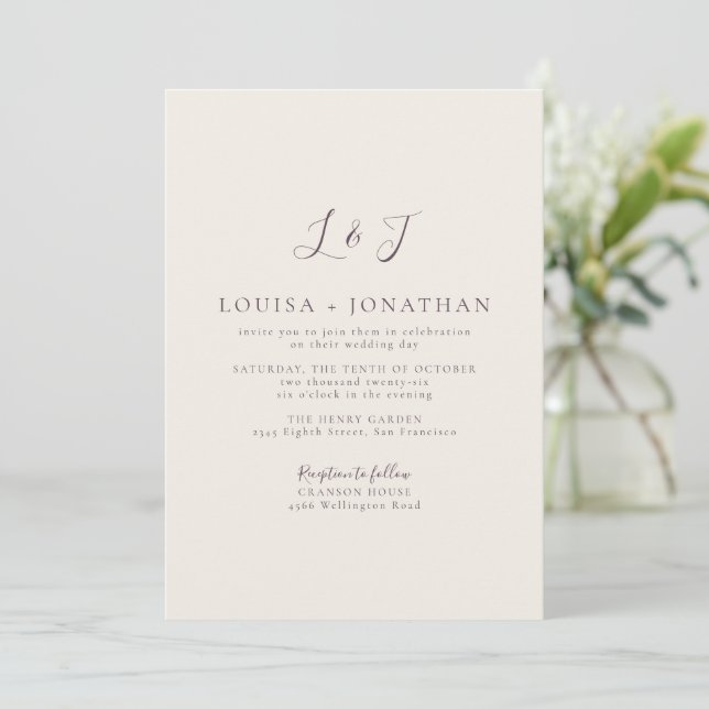 Plum Cream Minimal Monogram Script Elegant Wedding Invitation (Standing Front)