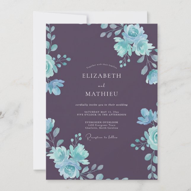 Plum Cyan Leafy Wedding Invitation (Front)