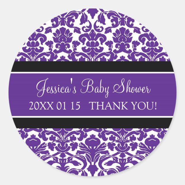 Plum Damask Baby Shower Favour Stickers (Front)